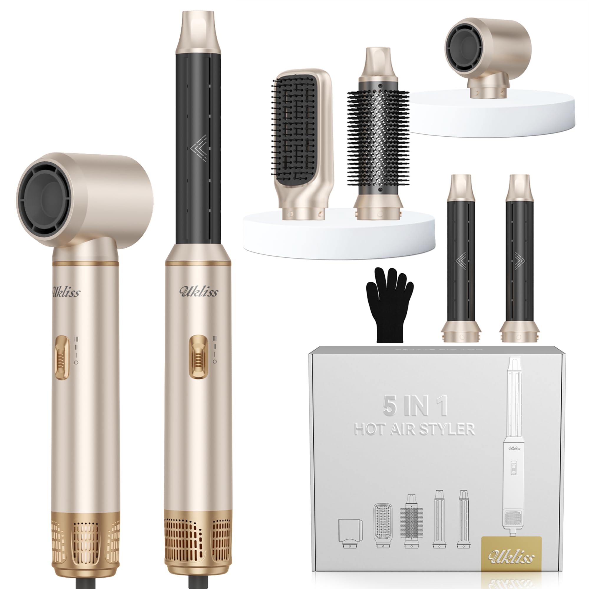 UKLISS Hairstyler - Set 5 in 1 con spazzola rotonda per capelli da 1000 W, con arricciacapelli ad aria, spazzola ad aria calda, spazzola per asciugacapelli, spazzola lisciante, per asciugare e