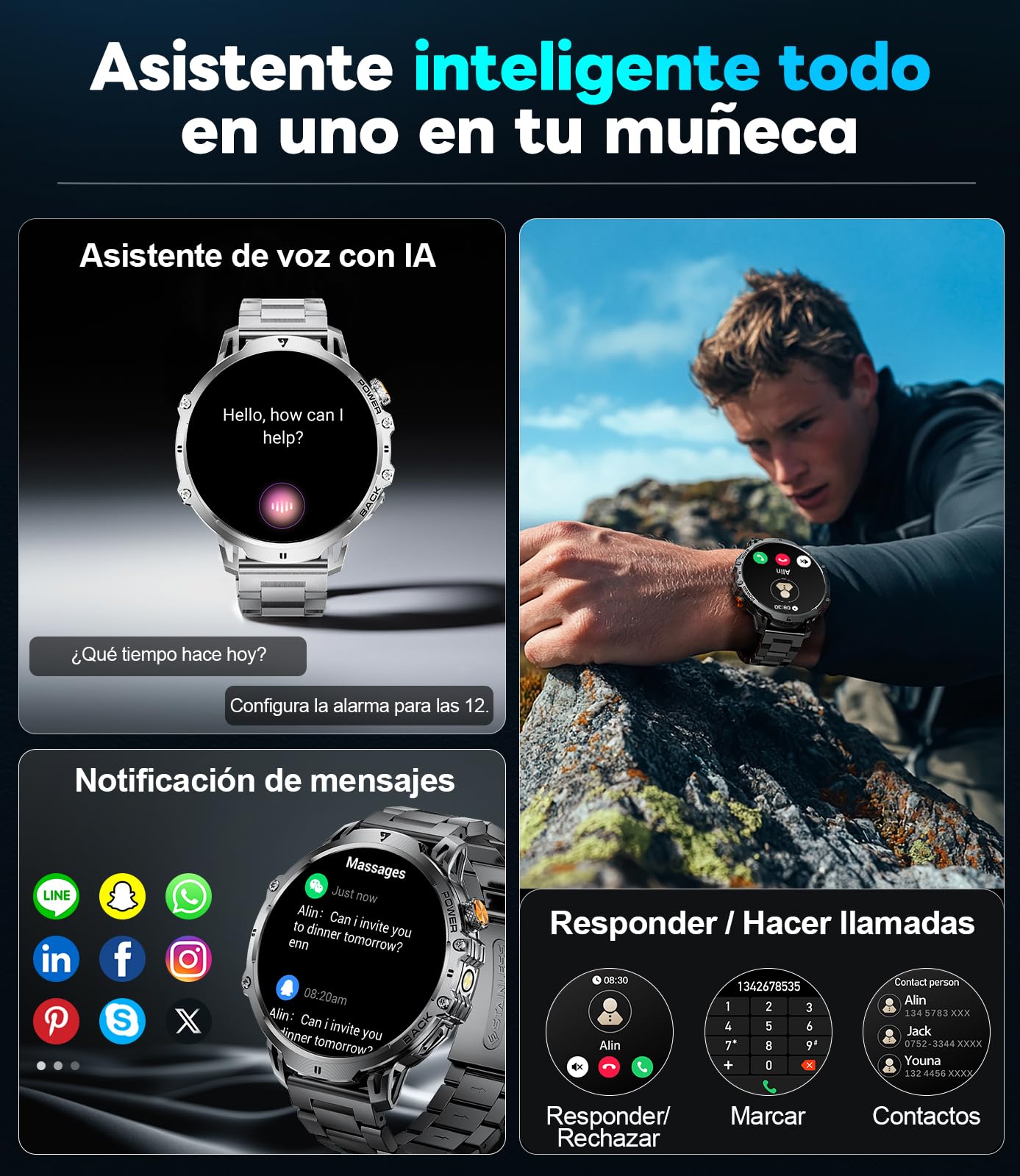Reloj Inteligente Hombre con 1000mAh/LED Linterna, 1.85" HD Smartwatch Hombre con Llamadas Bluetooth, Frecuencia Cardíaca, Monitor de Sueño, IP68 Impermeable, 100+ Deportivos para Android iOS