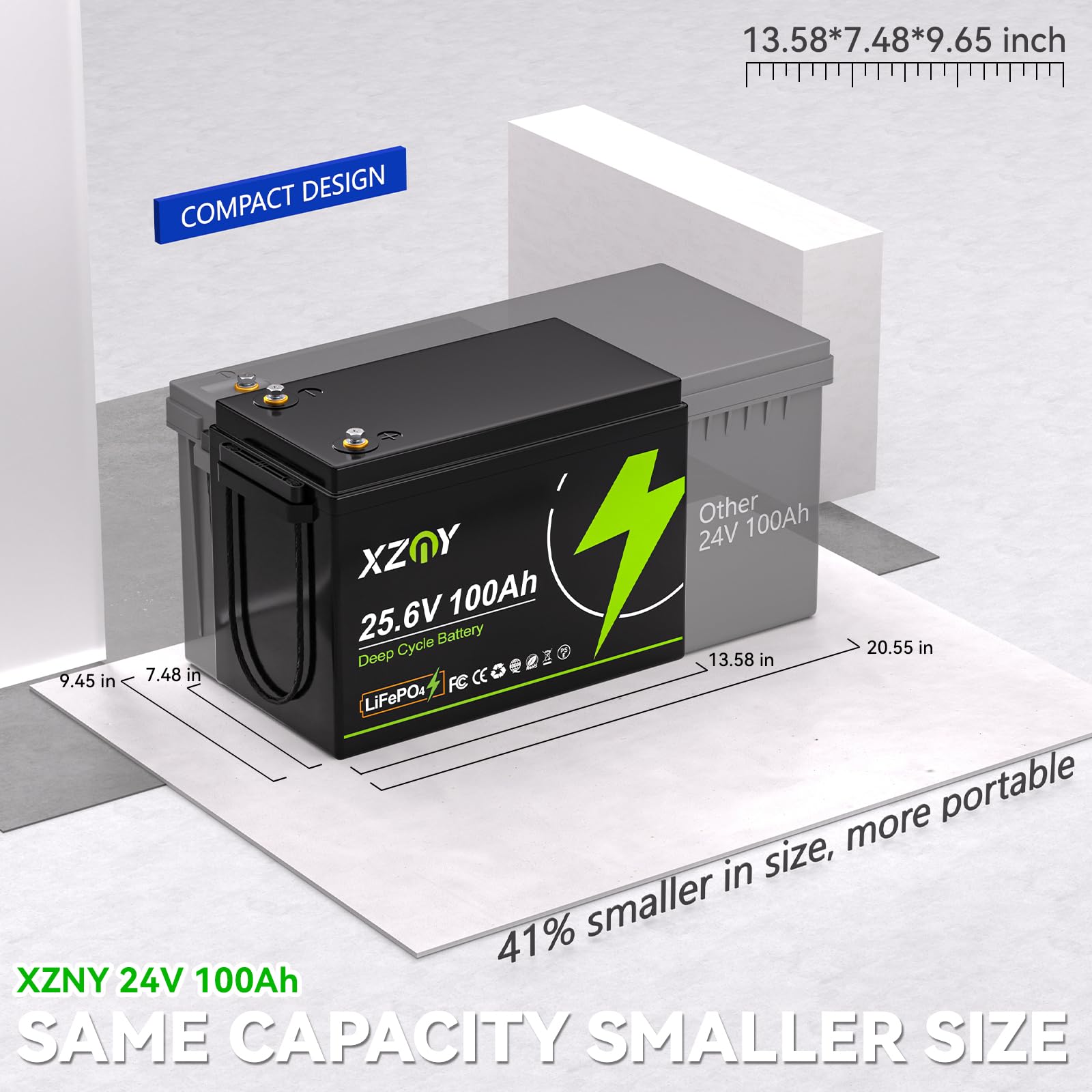 XZNY Compact 24V 100Ah Lithium Battery, 5000+ Cycles 24V 100Ah LiFePO4 Battery, Built-in 100A Low Temperature Protection BMS, Great for RV/Camper, Trolling Motors, Solar Off-Grid, Marine/Boat