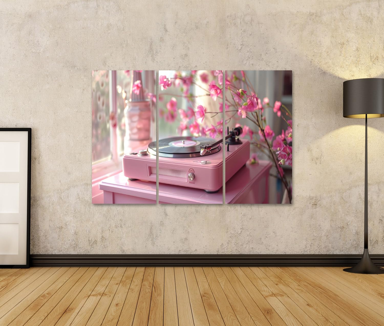 islandburner Prime Immagine su tela Giradischi rosa con fiori in luce primaverile per soggiorno amanti della musica negozio di musica immagini murali poster