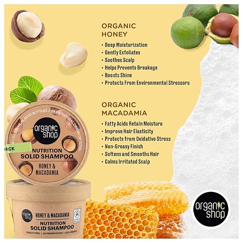 Miniatura 3 de Organic Shop Honey & Macadamia - Barra de champú sólido para nutrición profunda, 100% vegano y orgánico, sin parabenos y 0% conservantes, ecológico