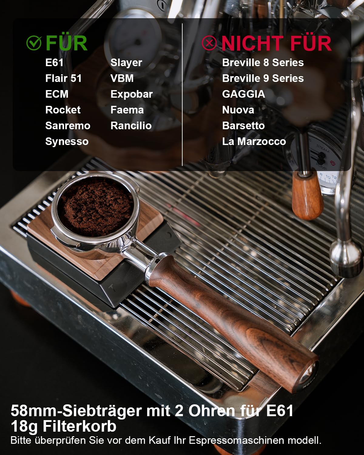 KOFIKOFI Portafiltro sin fondo de 58 mm, 2 orejas, filtro portafiltro sin fondo para cabezal de infusión E61, Flair 58, ECM, Rocket, Sanremo, Synesso, Slayer, VBM Cafetera con cesta de filtro de acero