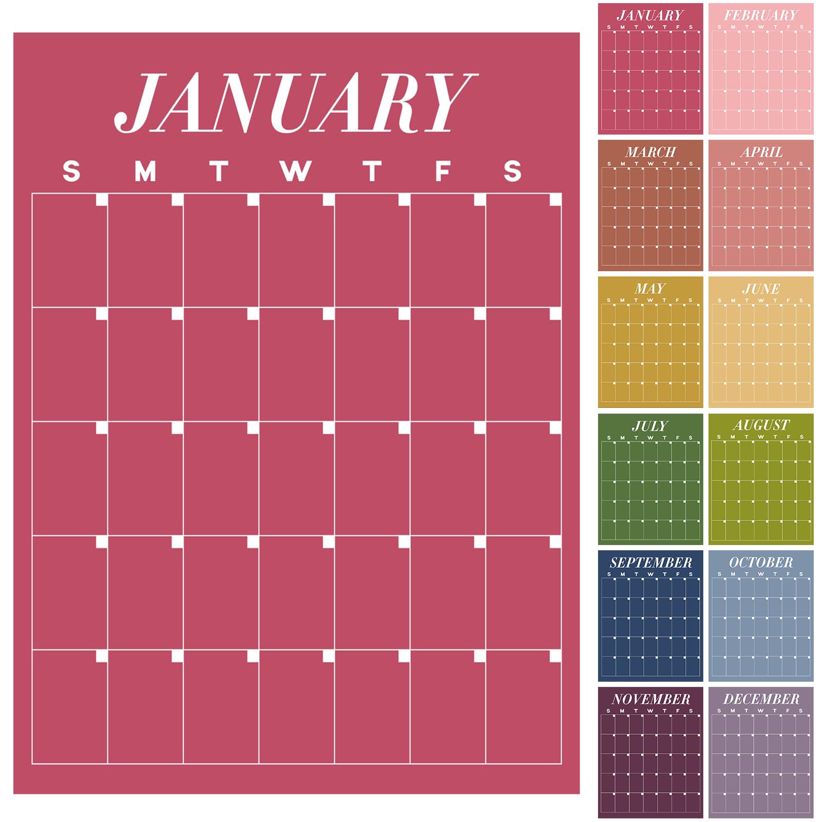 View 1 of 12 Pcs Colorful Undated Erasable Wall Calendars, Reusable Blank Planner
