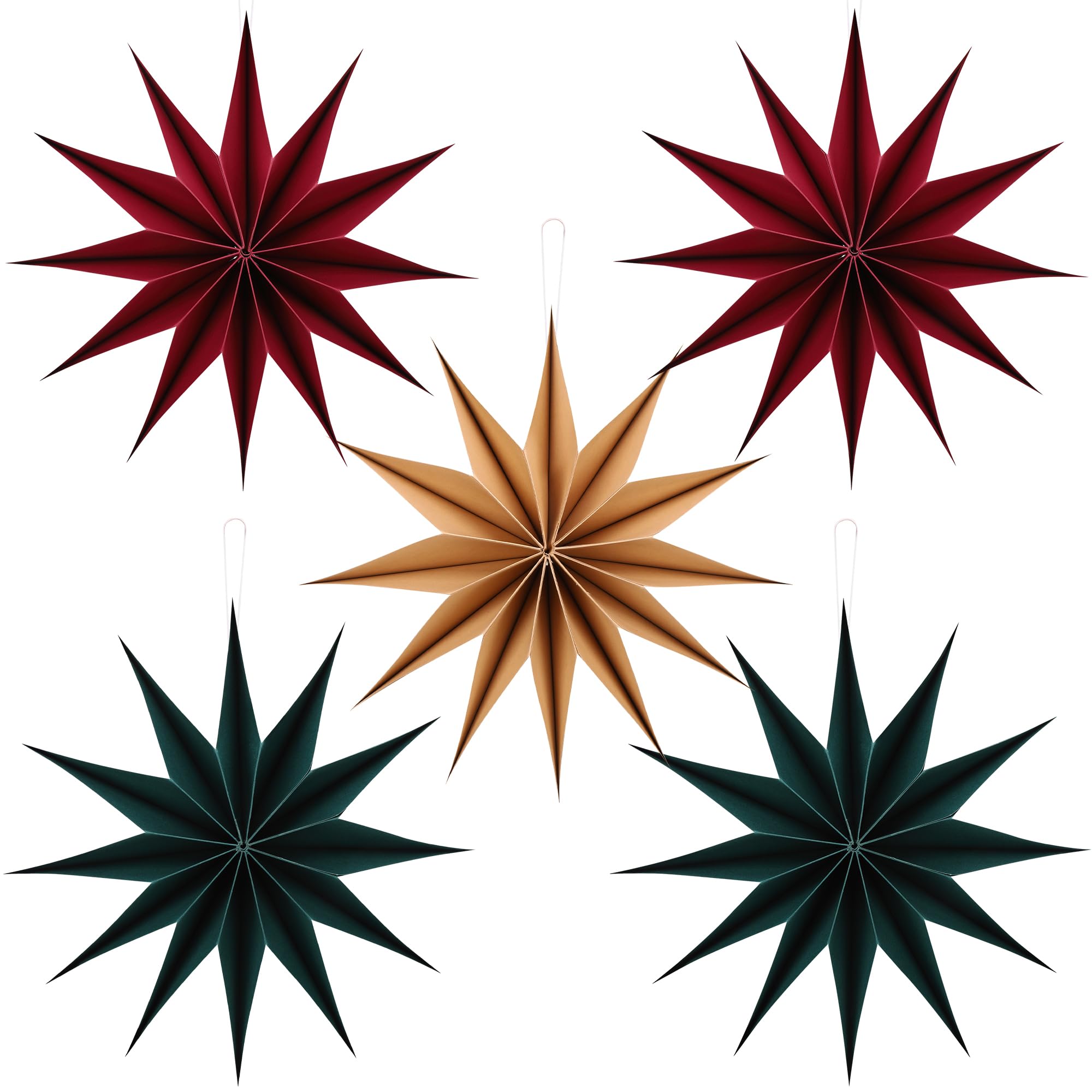 BestoFun 5 PCS 12-Pointed Burgundy Brown Paper Star Lanterns Hanging Dark Green Stars Decorations Lampshade Christmas Party Wedding Home Decor(12 Inch)