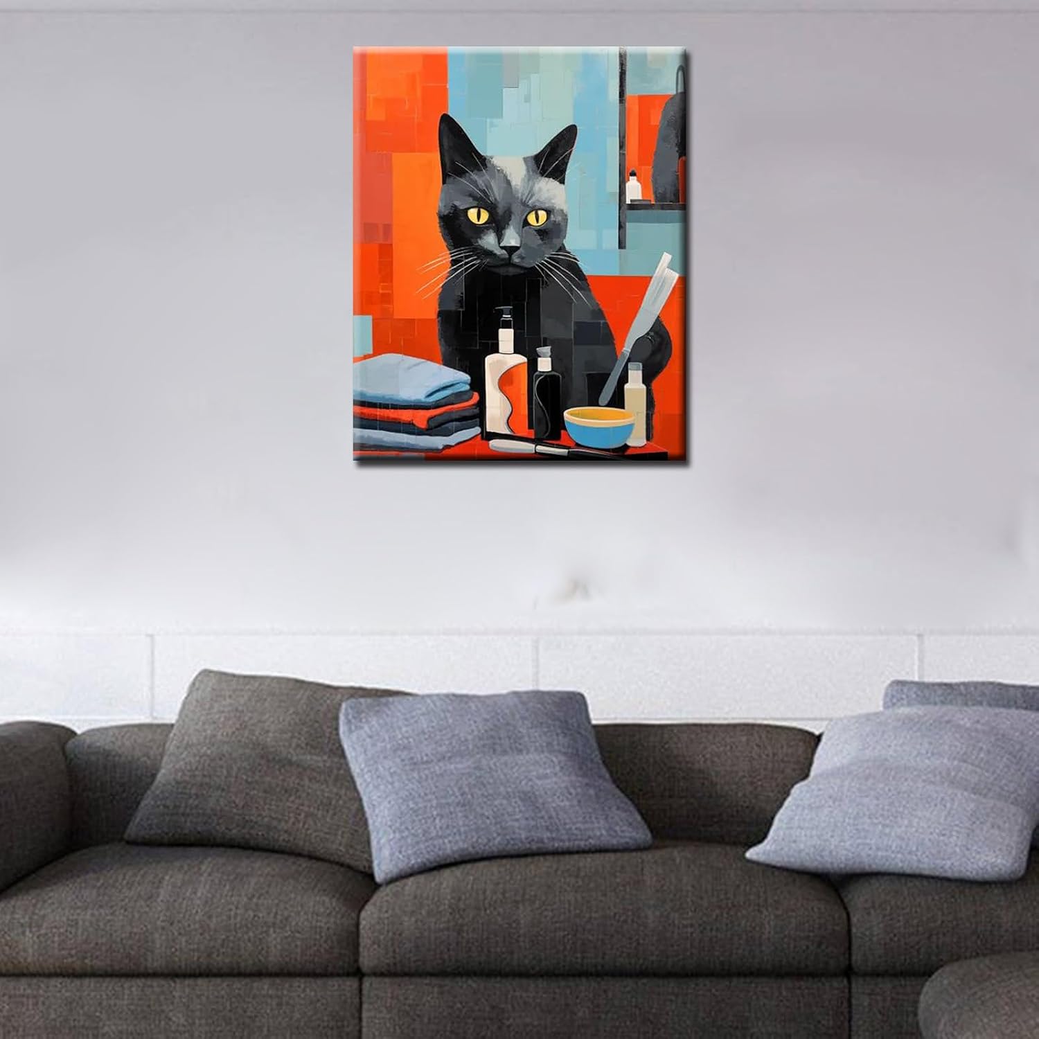 Paint by Number Black Cat Hair Cut Professionally DIY Painting Canvas with Brushes Acrylic Paints Funny Animal Graffiti Paint by Numbers for Adults and Kids Students Beginner 16x20 Inch（DIY Frame）