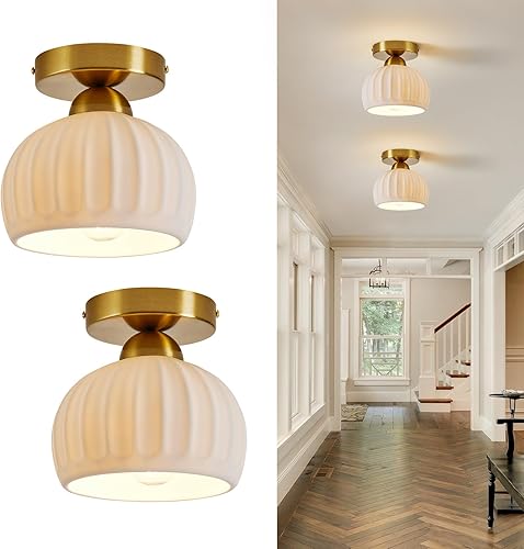 Lámpara de techo semiempotrada de cerámica vintage, paquete de 2, lámparas de pasillo doradas, luces de techo de globo blanco, lámpara de araña