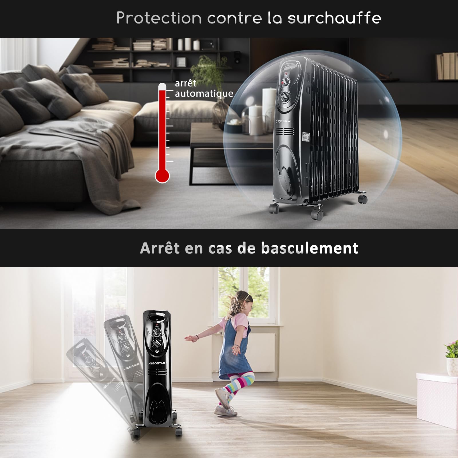 Aigostar Black Forest 33JIF – Radiateur à bain d’huile. 13 éléments, 2500 W. 3 niveaux de puissance et thermostat réglable. Design exclusif.