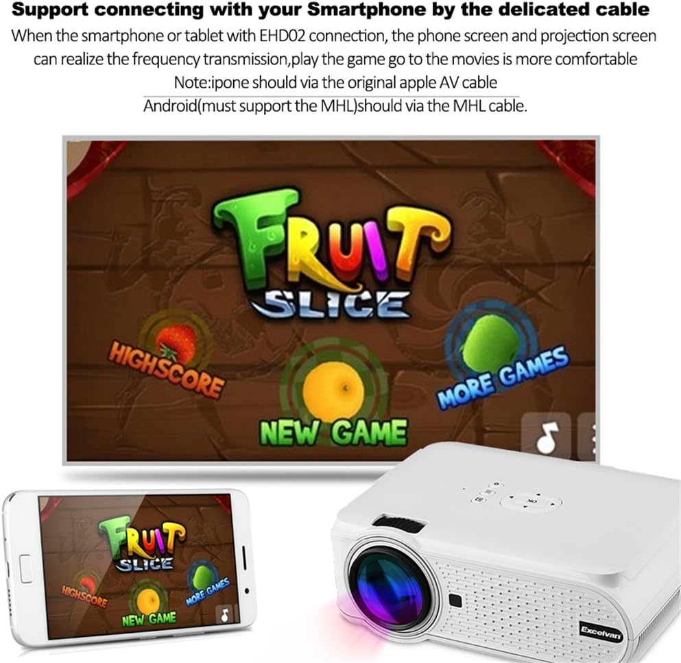 Excelvan EHD02 Mini Projector connected to a smartphone displaying a game.