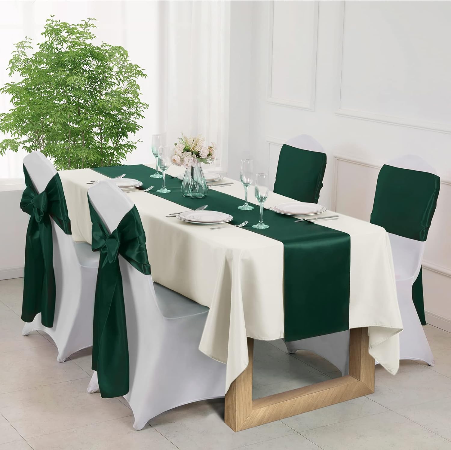 Manyshofu 24Pcs Satin Dark Green Table Runner - 12 x 108 Inch Long Size, Party Table Runner Decor Bright & Smooth Wedding Decorations Table Runners for Banquet Chef Birthday Buffet Dinner Graduations