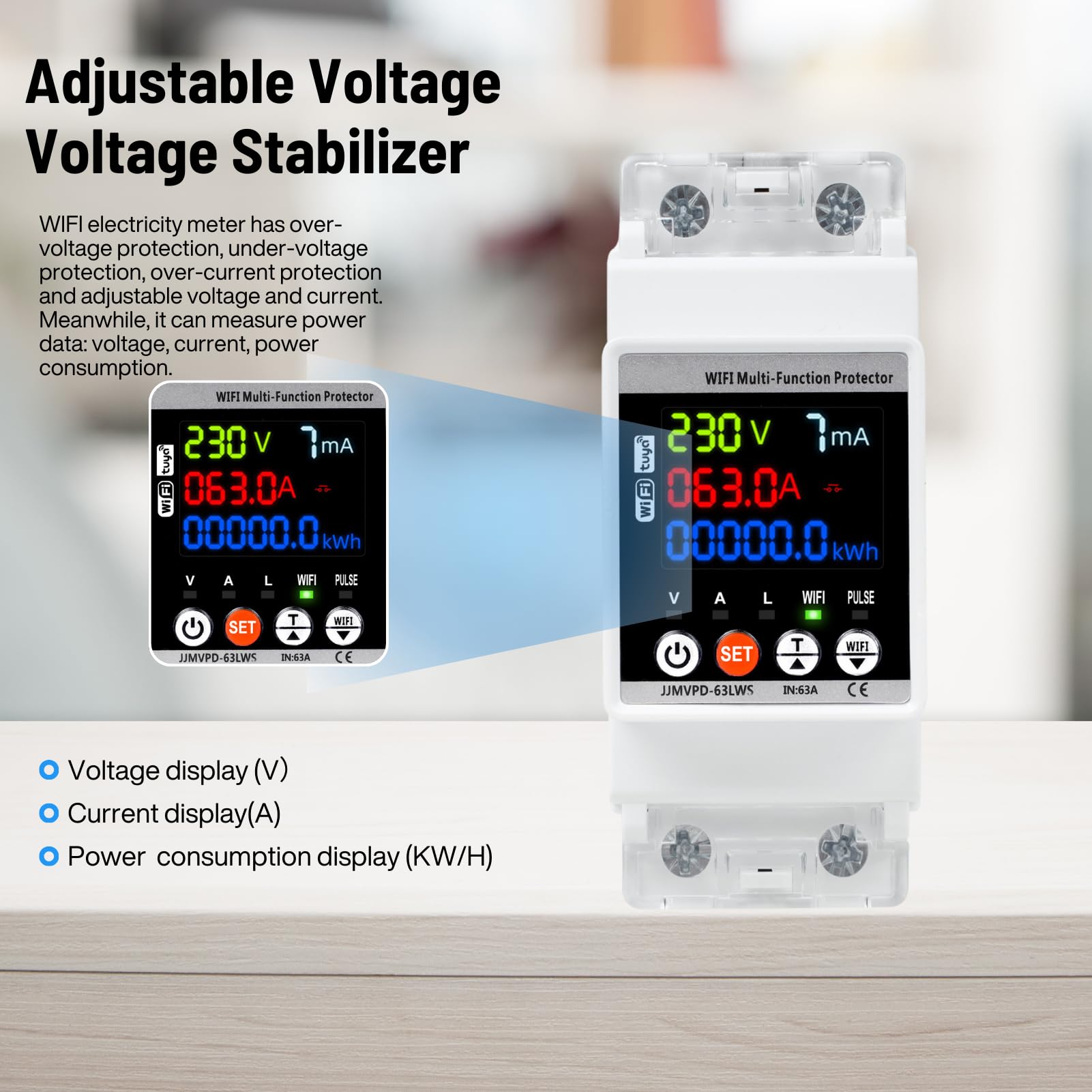 Jadeshay Stabilizzatore di Tensione 220v, 63A 230v Dispositivo di Protezione da Sovratensione Misuratore Consumo Elettrico WiFi su Guida DIN con Schermo a Colori(WiFi)