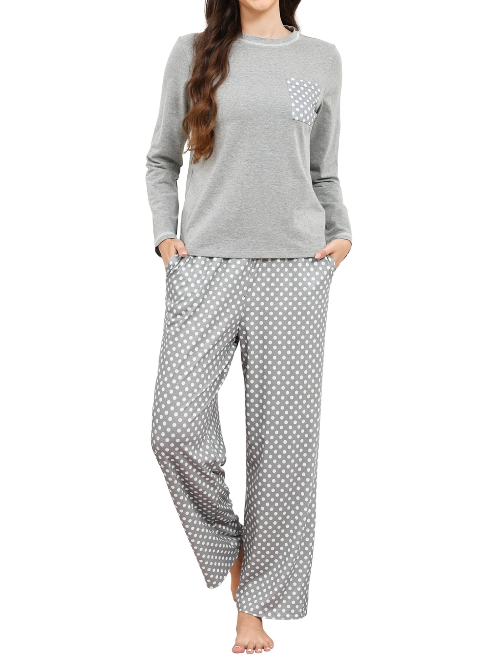 Reliwel Schlafanzug Damen Lang Baumwolle Pyjama Set Winter Oberteil und Schlafanzughose Langarm Loungewear Sleepwear Hausanzug Kuschelig Freizeitanzug