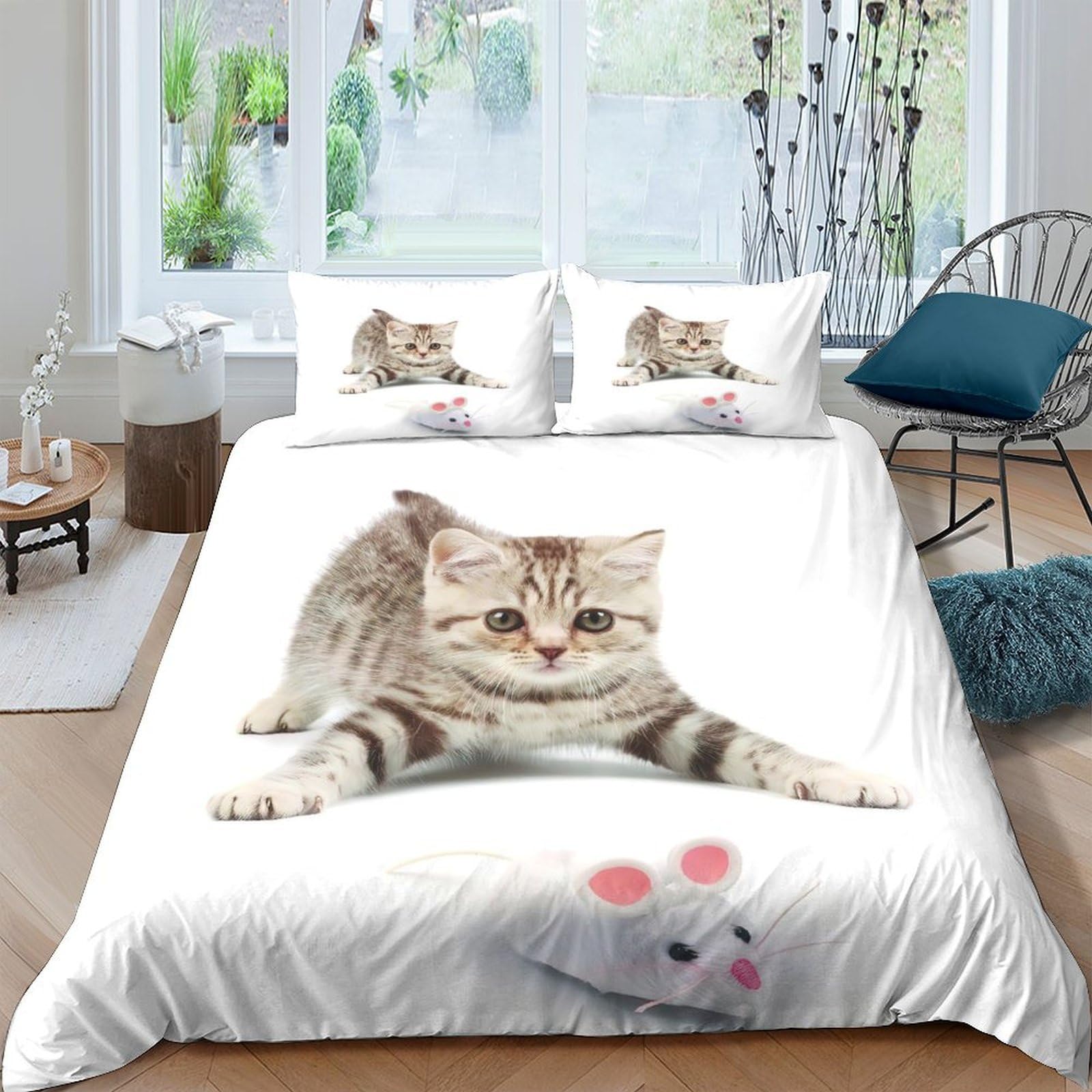 Ctjqhvkz Style-1 3D Printed Tabby Cat Fitted Sheet Microfiber Soft Bedroom Decor Cute Mouse Mattress Cover For Home Dorm Single（135X200cm）