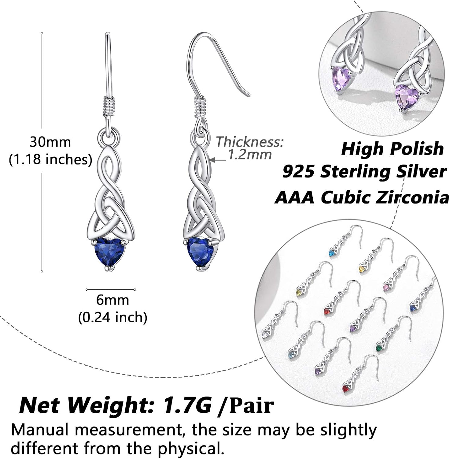 Dangle Earrings September Birthstone Gifts Heart Sapphire for Women Birthstone Drop Earrings Blue Sterling Silver - Image 4