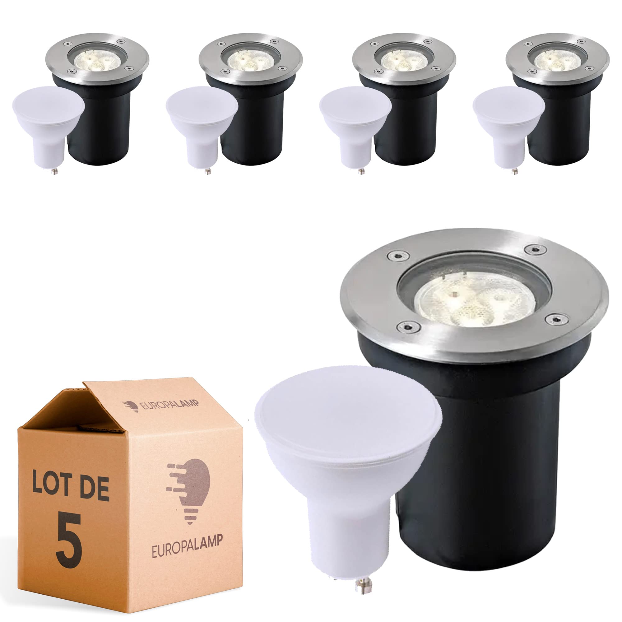 Europalamp – Lote de 5 focos empotrables de suelo redondos, acero inoxidable 304 exterior IP65 + bombillas GU10 7 W blanco neutro 4500 K
