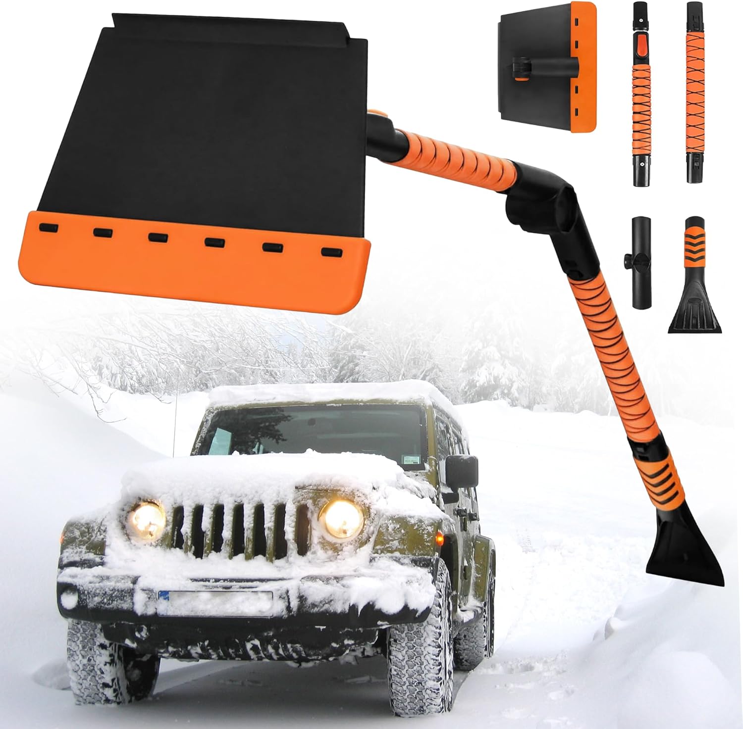 [Upgrade] 56" Large Ice Scrapers for Car Windshield, 90° Pivoting Snow Board, Snow Scraper with De-Icing Shovel, Extendable Length Settings, 180° Bendable Silicone Grip for for Truck, SUV, Auto