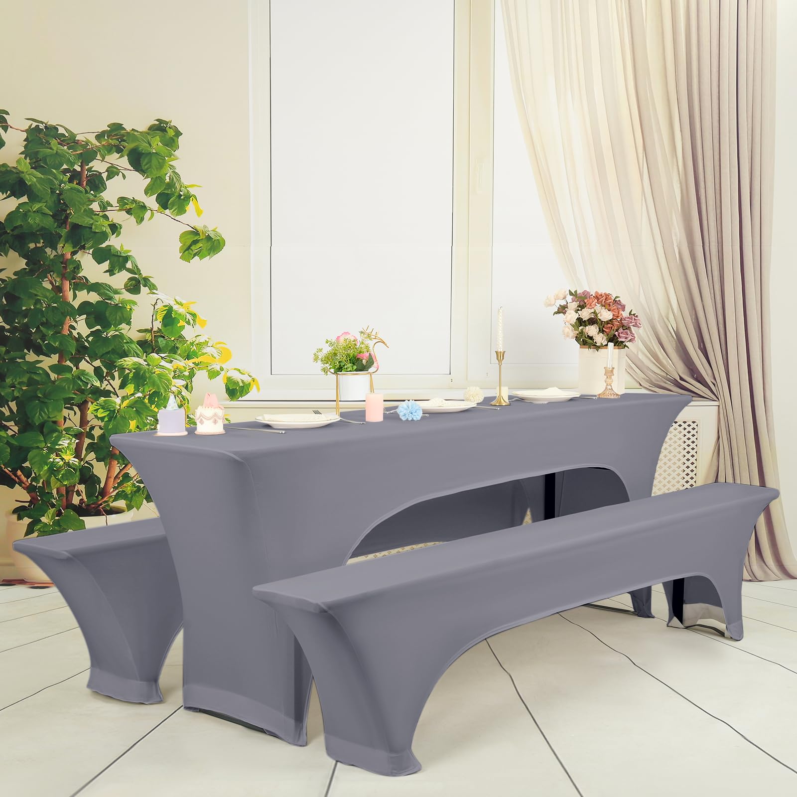 Vier 3er-Set Biertischhussen 220 x 50 x 70cm, hussen bierzeltgarnitur, hellgrau, Stretch-Bezüge für Biertisch-und Bankgarnituren, Bierbankhussen, Spandex-Bierzeltgarnitur für Bankett