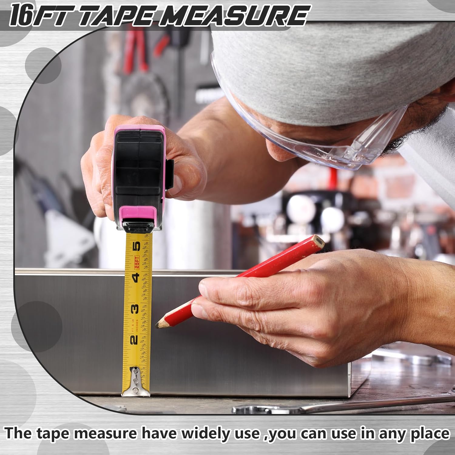 Hoteam16ft Pink Tape Measure Easy Read 1/8 Inch Scale Spacing Measuring Tape Measure with Fractions, Retractable Blade, Lock Button Measuring Tool Lightweight Measurement Tape(10 Pcs)