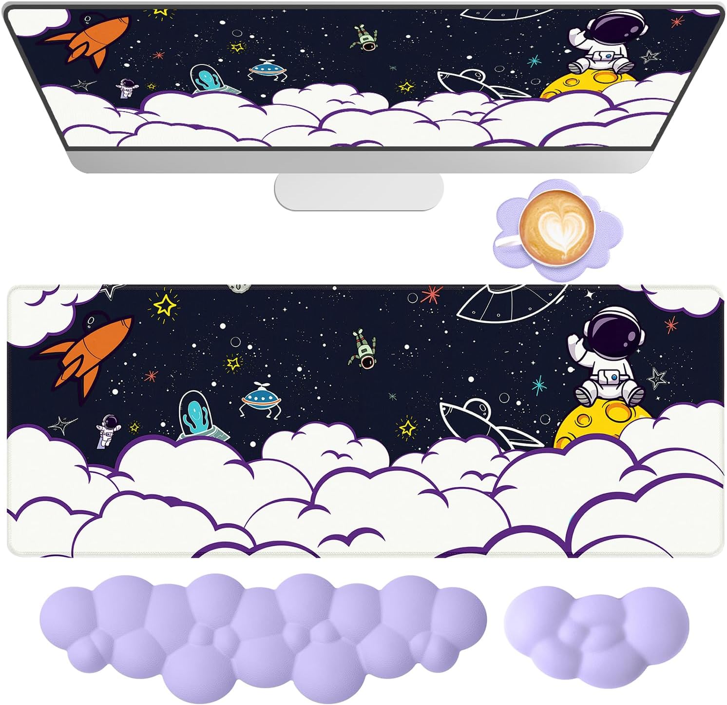 Keyboard Mouse Pad Set, Large Gaming Mouse Pad + Keyboard Wrist Rest + Mouse Pad with Wrist Support + Coaster, Easy Typing Pain Relief, Desk Mat for Home Office