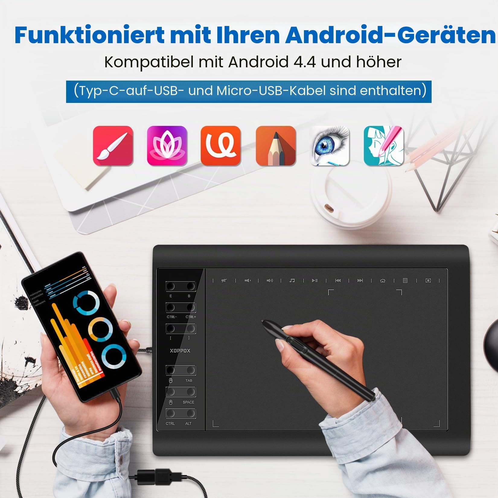 Grafik-Zeichentablett, 25,4 x 15,2 cm, großer aktiver Bereich mit Stift ohne Akku, 8192 Stiftdruckstufen und 12 Shortcut-Tasten, kompatibel mit PC/Mac/Android für die
