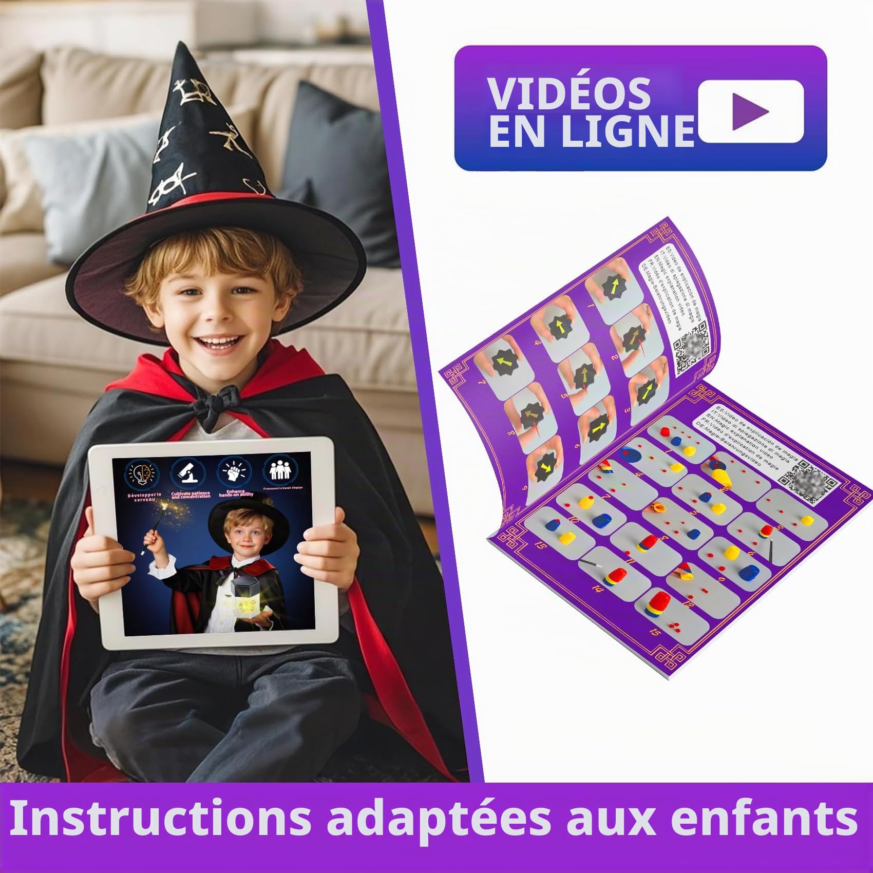 Kit de Magie - 80+ Coffret Magie Enfant avec Baguette Magique et Instructions, Incroyable Tour de Magie Jeux Enfant 3-12 Ans, Jouet Cadeaux pour Garçons Filles Tout-Petits Débutants