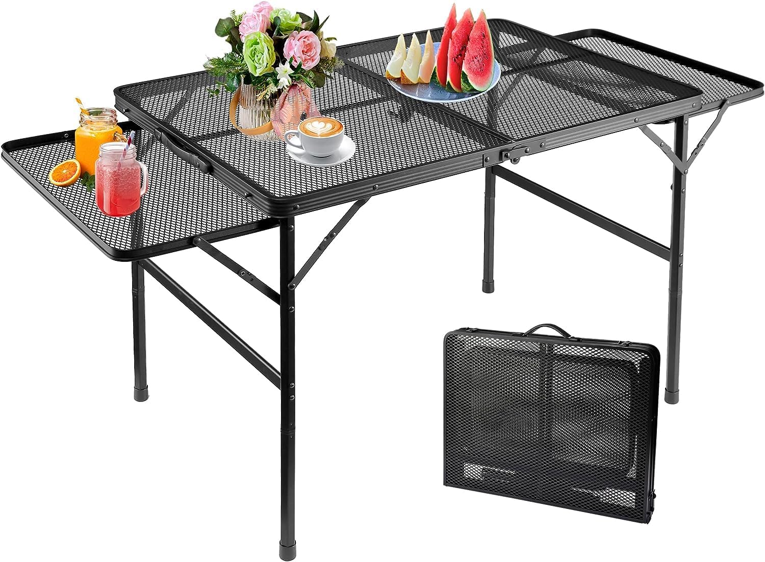 DHVAJA 4.5ft Large Metal Desktop, Camping/Picnic Folding Table with 2 Side Wing Panels, Aluminum Metal Mesh Outdoor Cooking Table (Black)