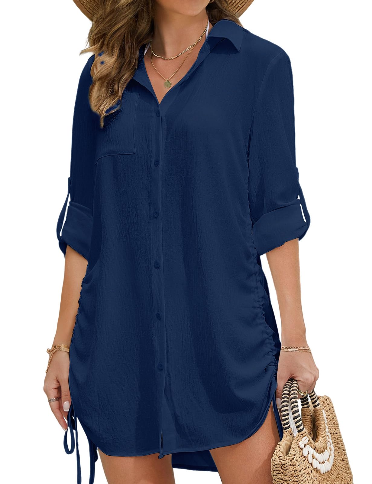 Voqeen Mujer Vestido de Playa Verano Cuello en V Cárdigan con Cordón con Botones Pareos y Camisolas de Bikini Cover up Traje de Baño Largo Blusas Suelto Tunica Color Sólido Vacaciones