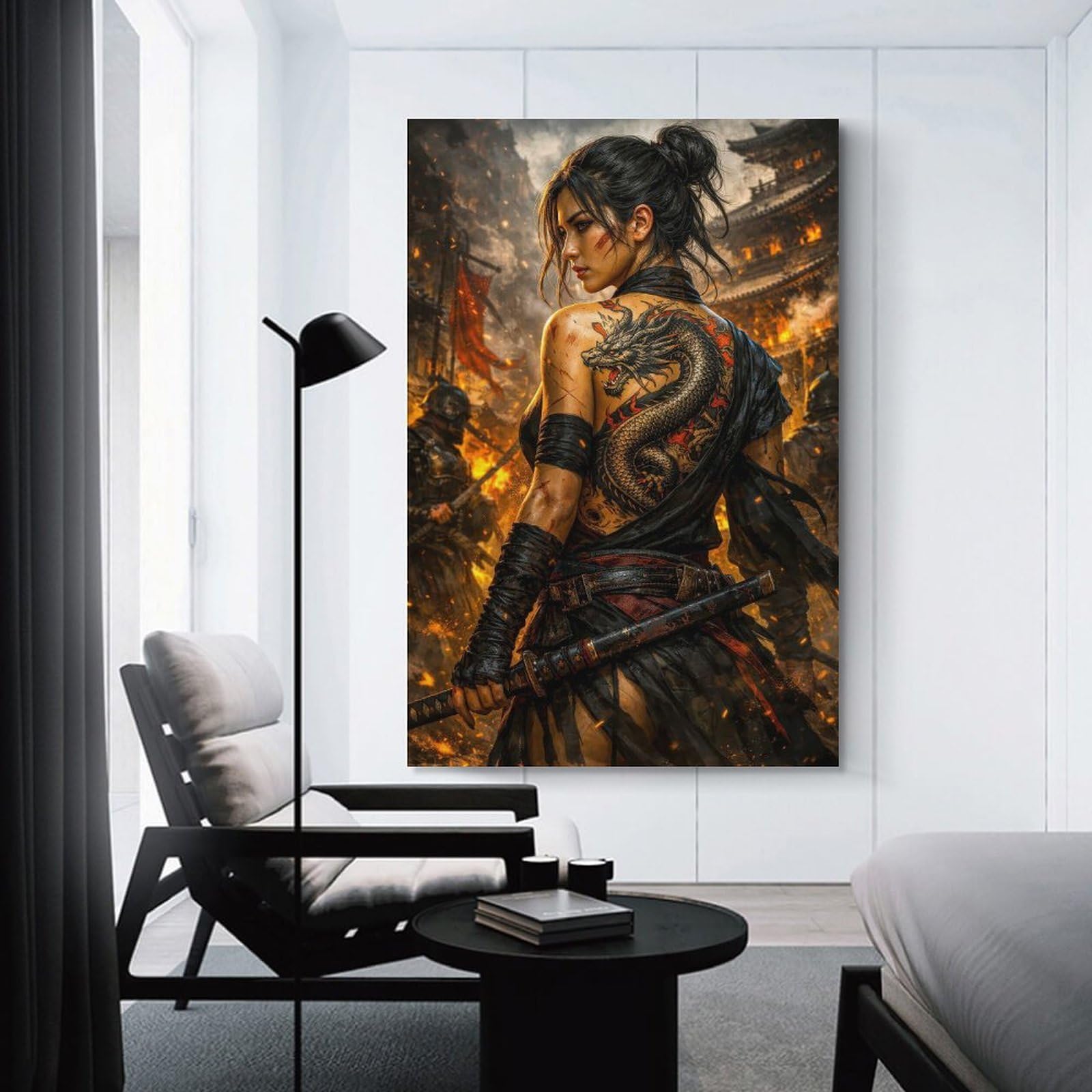 Junmoney Warrior Woman with Dragon Tattoo Room Decor Wall Art, 12x18inch(30x45cm), for Hallway, Lounge Or Guest Room, Gift Idea for Housewarming And Birthdays