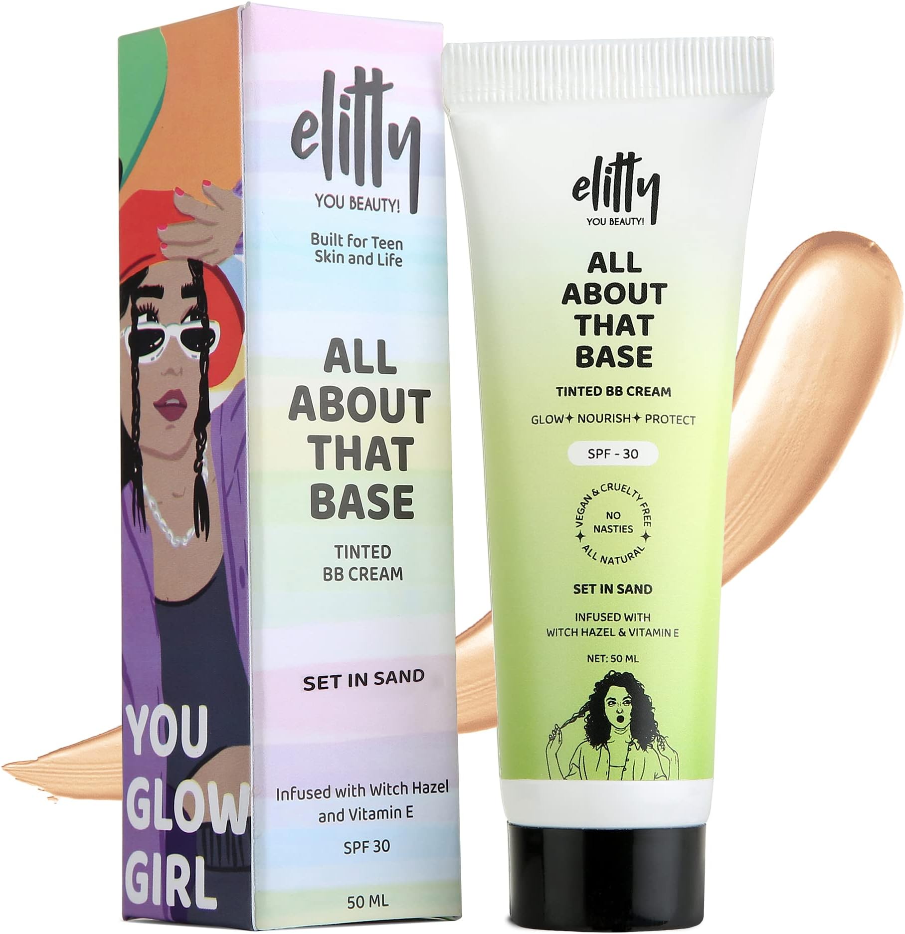 Elitty All About That Base Tinted BB Cream with SPF 30, Witch Hazel, Vit E - Natural coverage, Instant Glow, Vegan & Cruelty Free - Set in sand - (Medium), 50 ML, Makeup for Teenagers