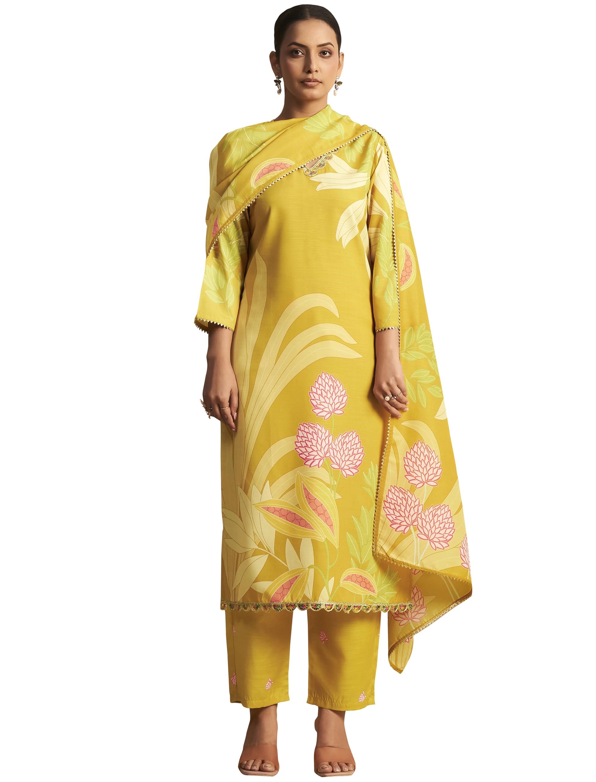pinkmint Women's Floral Printed Cotton Blend Kurta Pant Dupatta Set | 3 Piece Ethnic Wear with Lace V-Neck & Chanderi Dupatta-picture-32