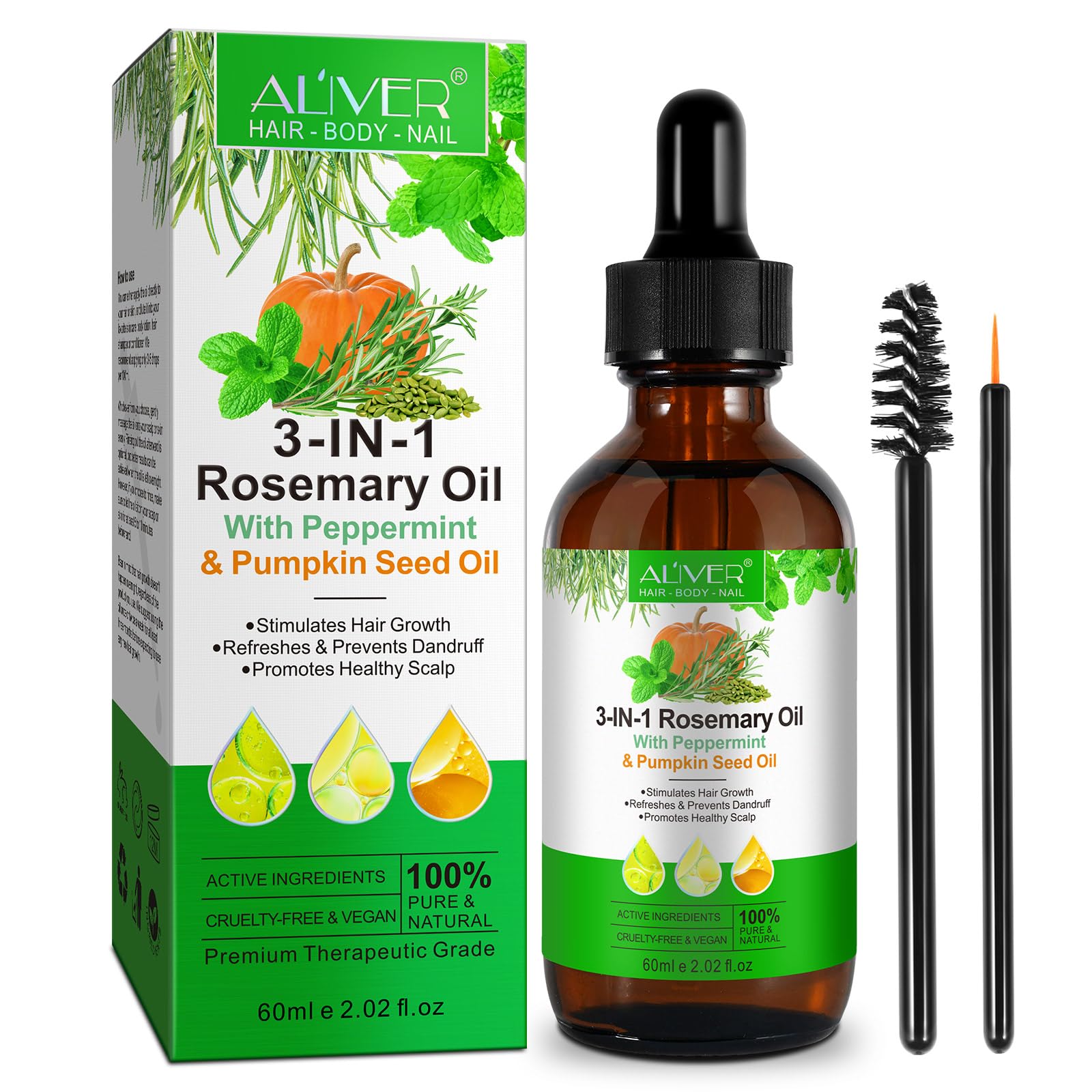 Olio di rosmarino per capelli,con olio di menta piperita,olio di semi di zucca, olio per la crescita dei capelli,olio di rosmarino per capelli,corpo,100% puro naturale,60 ml