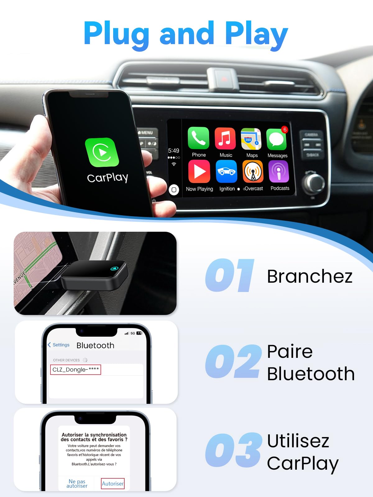 S2 Mini Adaptateur CarPlay sans Fil pour iPhone, Convertissez Le Filaire en sans Fil, Plug & Play avec Typ-C/USB, Compatible avec Les Voitures à partir de 2016 et iOS 10+ (Noir)