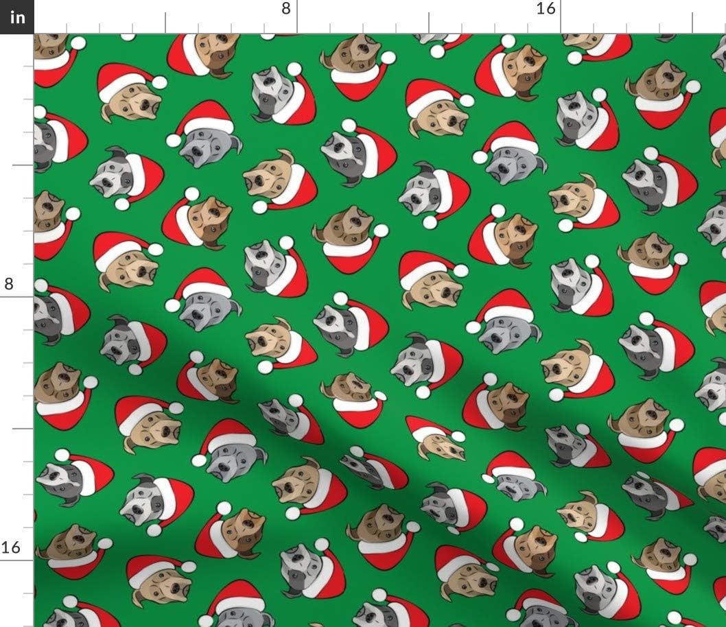 Spoonflower Fabric - Santa Hats Christmas Dogs Green Red Bull Pitbull Printed on Petal Signature Cotton Fabric by The Yard - Sewing Quilting Apparel Crafts Decor