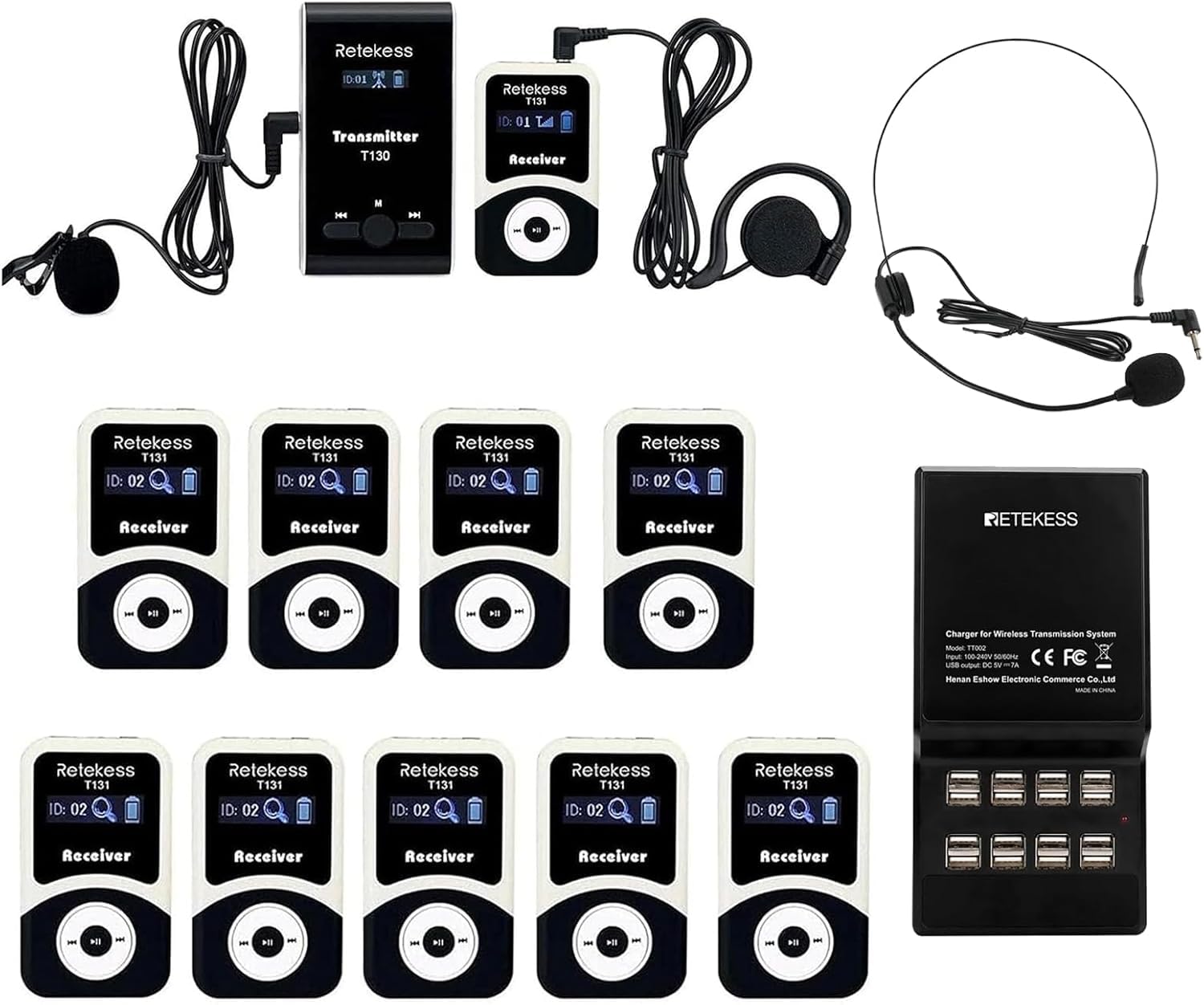 Retekess T130-T131 Tour Guide System,T130 Sistema de Guía Turística Estación de Carga withT130 Micrófono con Cable Diadema, PLL Tecnología, para Visitas a Fábricas, Viajes, Universidad