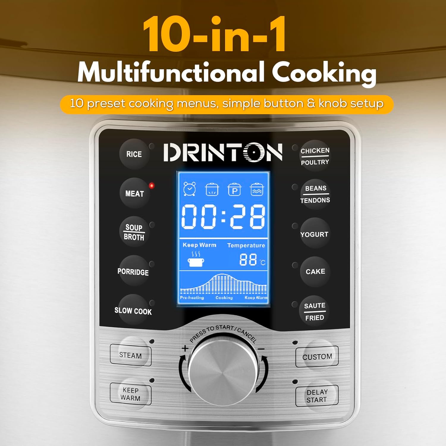 12 L/12.8 QT Commercial Pressure Cooker, 10-in-1 Pressure Cooker with Non-Stick Pot, 1400W Electric Pressure Pot with LCD Display, Slow Cook, Keep Warm, 24H Timer for 18-28 People Use