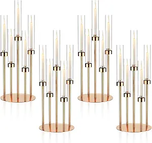 5 Arm Gold Candelabra Centerpieces for Table 4 Set Floor Candelabras Metal Candlestick for LED Candle 26'' Tall Candle Holders with Acrylic Lampshade for Wedding Party Fireplace