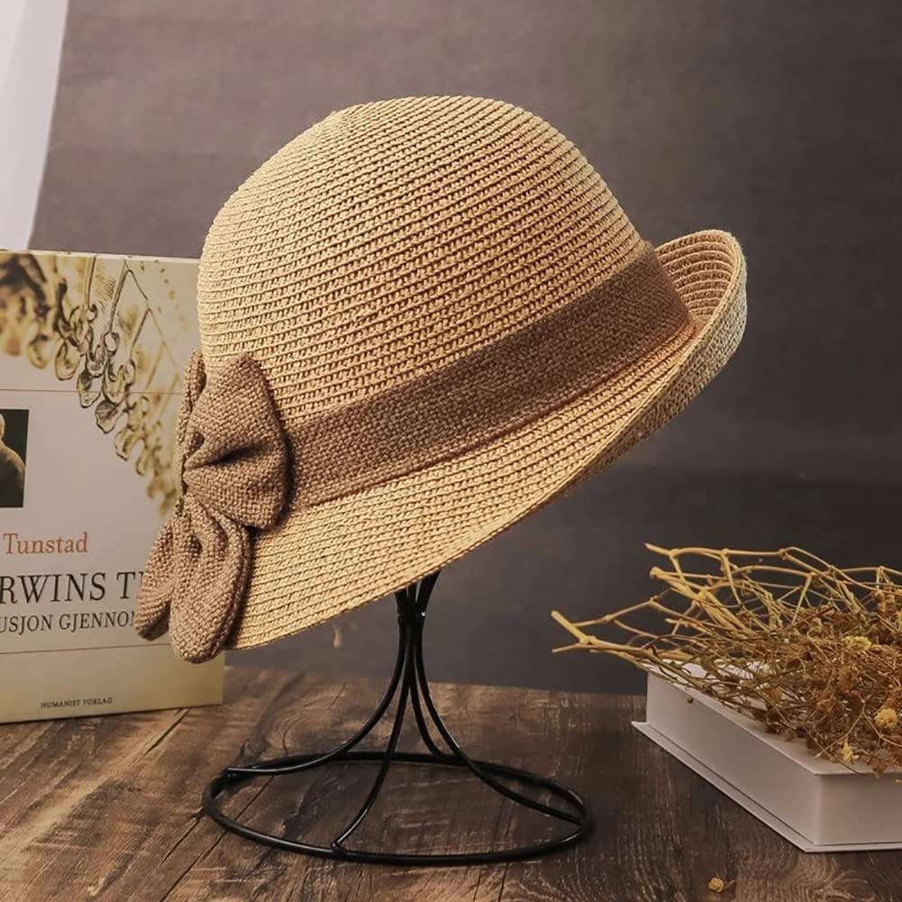 JIHUOO Straw Cloche Hat Summer Bowler Hat Sun Church Hat 1920s Vintage Bucket Hat Foldable Beach Hat with Bow for Women