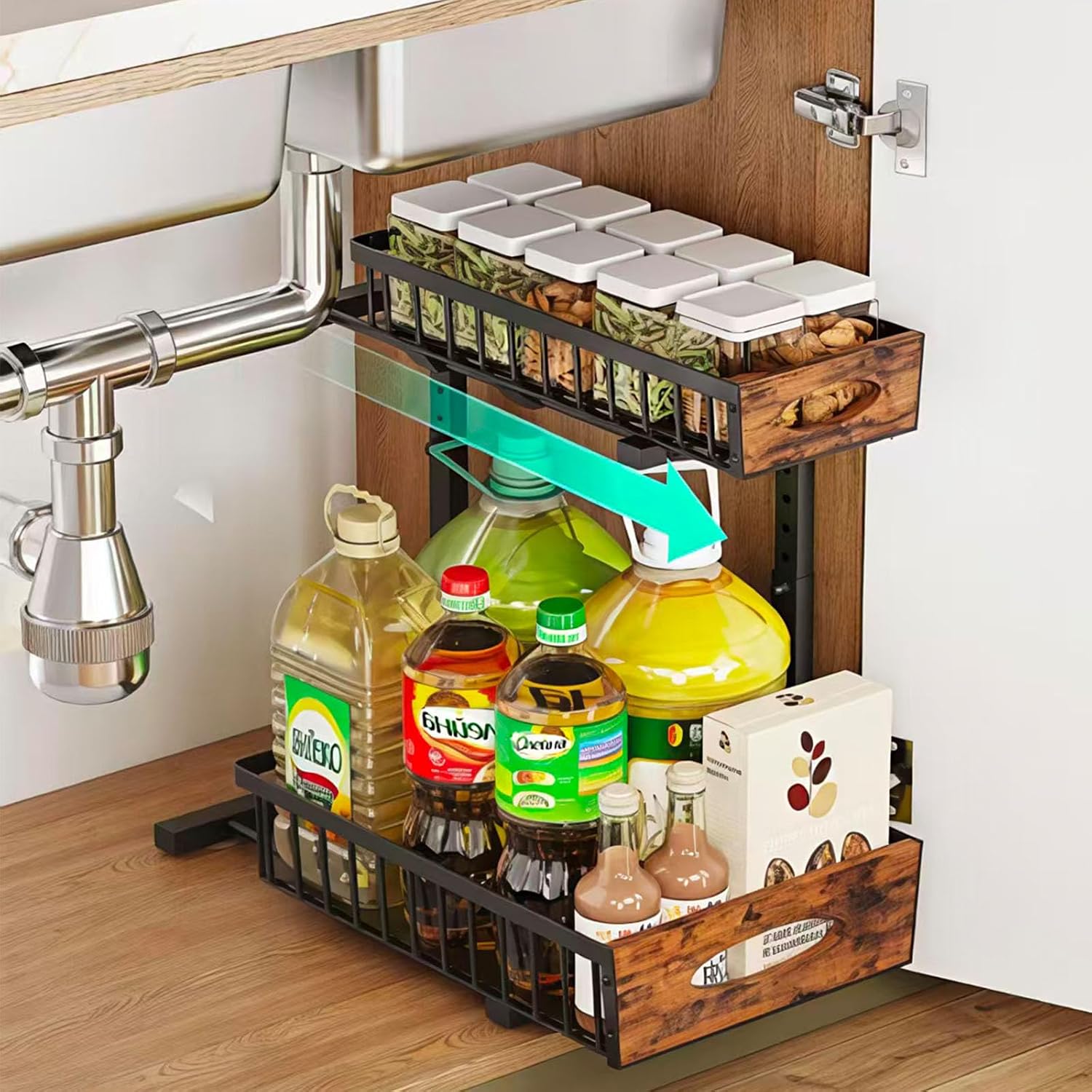 Adjustable Under Sink Organizer, 2-Tier Pull Out Cabinet Storage Drawer, Heavy Duty Sliding Shelf with Wooden Handle, Space Saving Organizer for Kitchen Bathroom Laundry Closet（1 Pack）