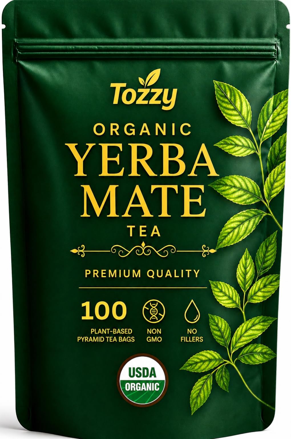 Tozzy Organic Unsmoked Yerba Mate Tea โ 100 Count, Plant-Based Pyramid Tea Bags โ Packaging May Vary