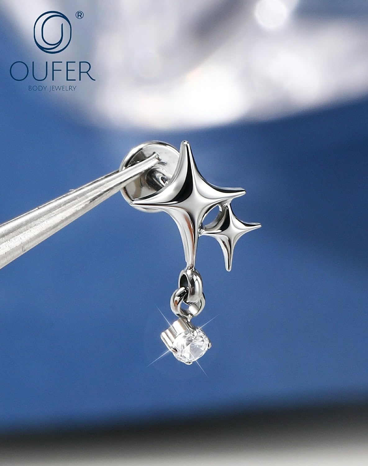 OUFER G23 Titanium Flat Back Helix Earrings, 16g Internally Threaded Nose Stud, Star Dangle Tragus Conch Lip Cartilage Piercing Jewelry for Women