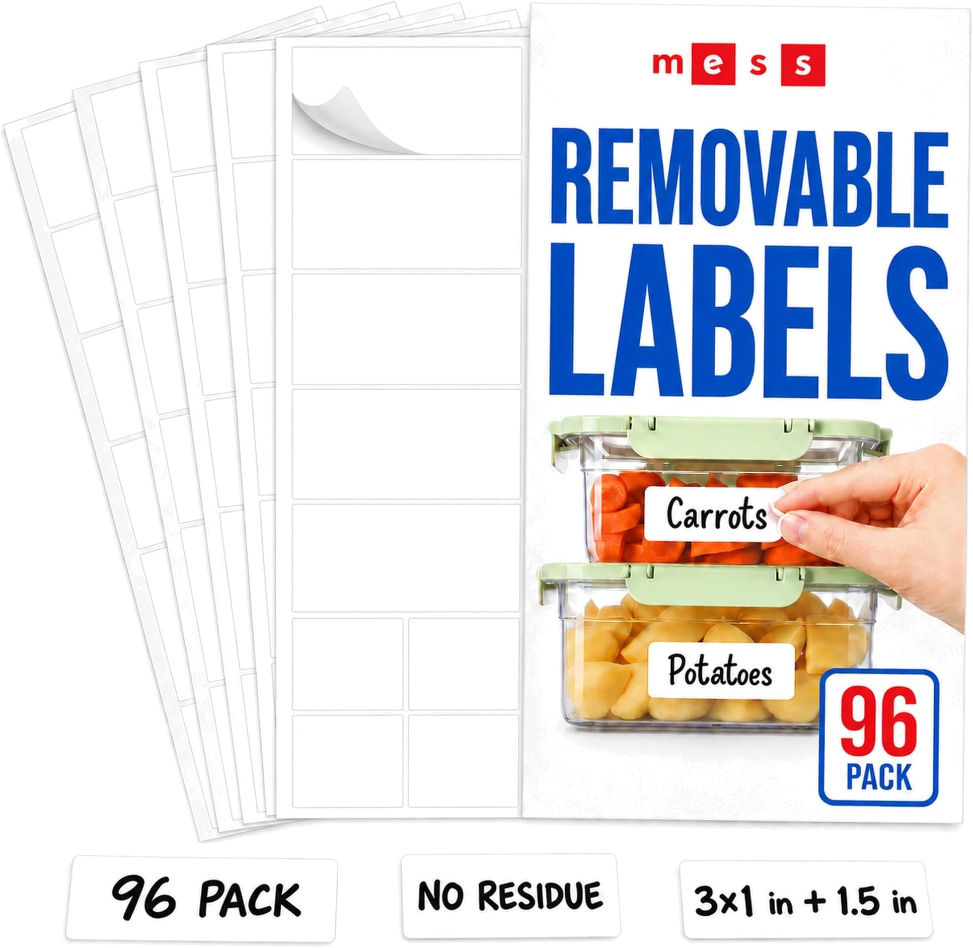 MESS Removable Food Labels for Containers (96-Pack) 1x3" & 1.5" Erasable Kitchen Labels for Organizing, Freezer & Fridge, White Dry Erase Labels for Jars | Freezer and fridge safe, waterproof, wipe clean with marker, no residue, reusable, pantry jars, spice tins, meal prep