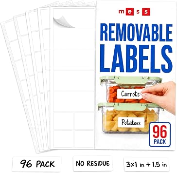 MESS Removable Food Labels for Containers 96-Pack 1x3 & 1.5" Erasable Kitchen Labels for Organizing, Freezer & Fridge, White Dry Erase Labels for Jars