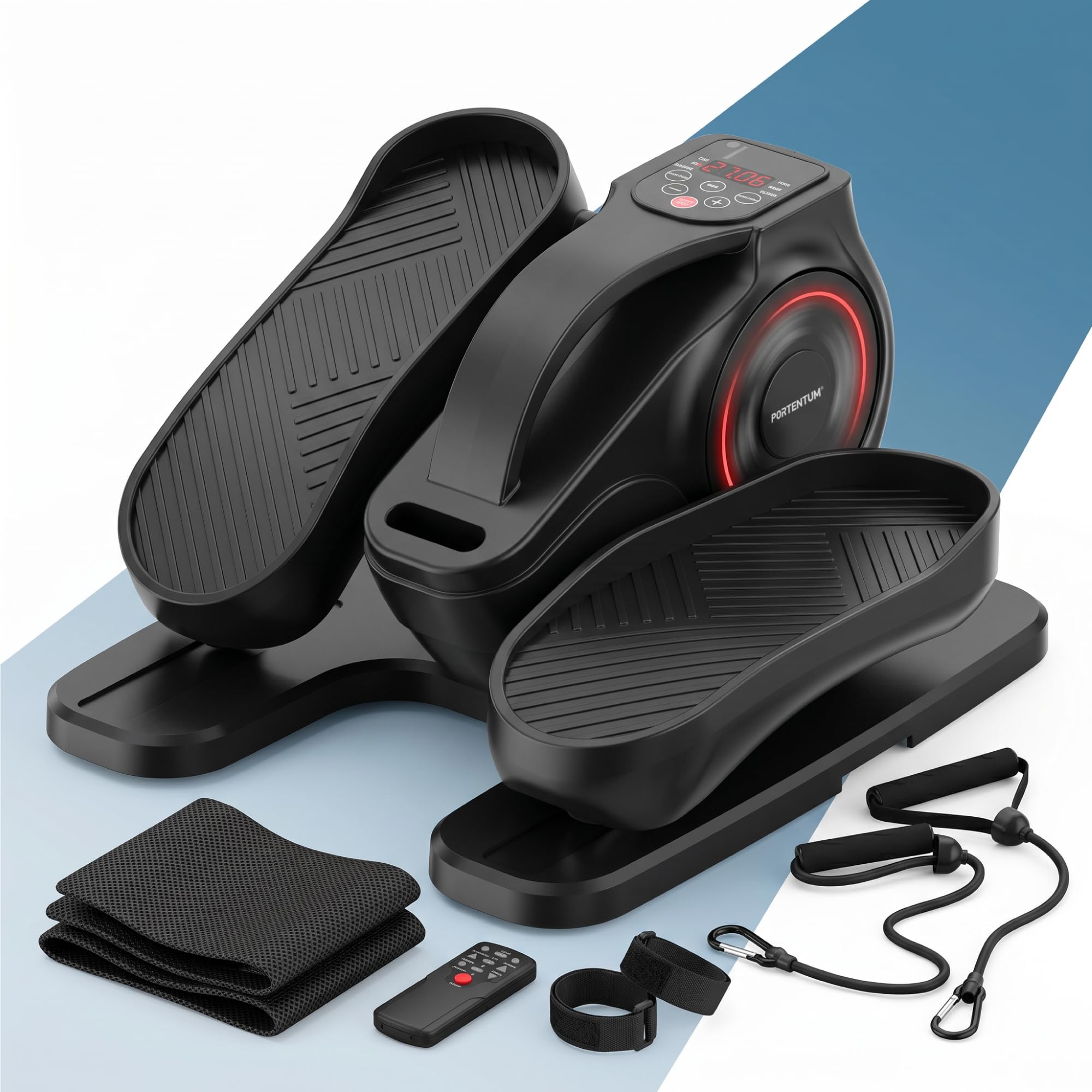 PORTENTUM Mini Velo elliptique électrique avec Bandes de résistance – Tapis et Sangles – Pédalier d'appartement Automatique et Manuel 12 Vitesses – Pedalier Moteur Silencieux