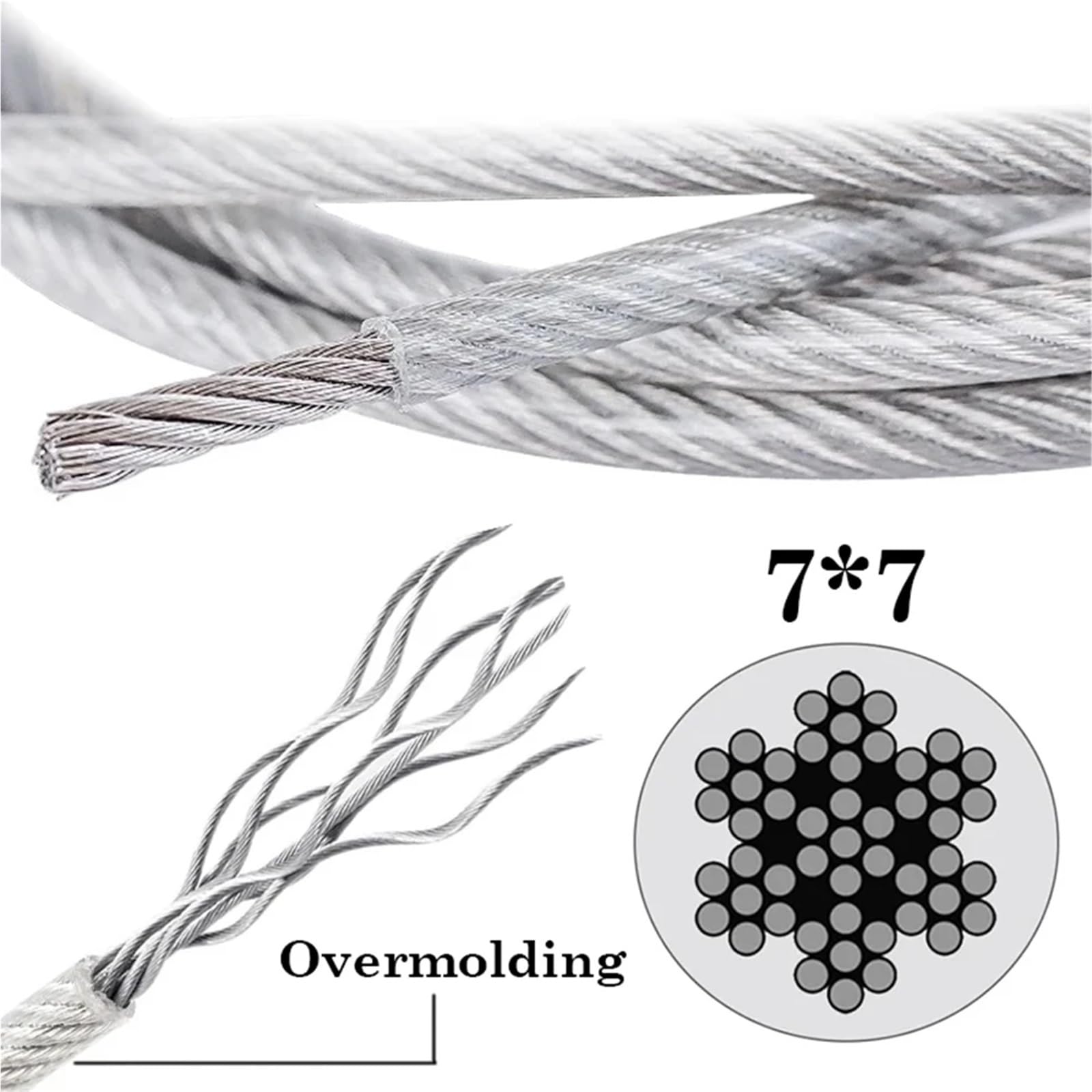 Transparente PVC-beschichtete Stahldrahtseile 7X7 Struktur Flexibles weiches Kabel Hängendes Seil Angelschnur(50.0M)
