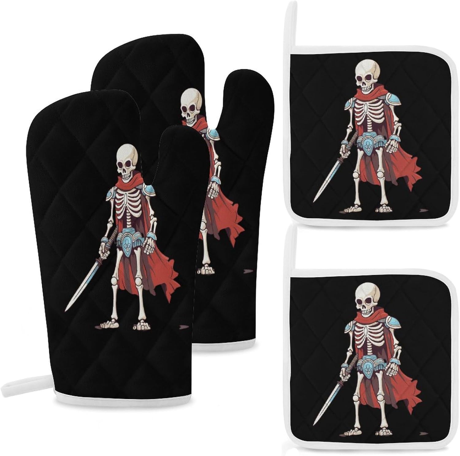 Judo Samurai Red Skull 4 Pcs Oven Mitts and Pot Holders Set High Heat Resistant Long Kitchen Oven Glove Potholders