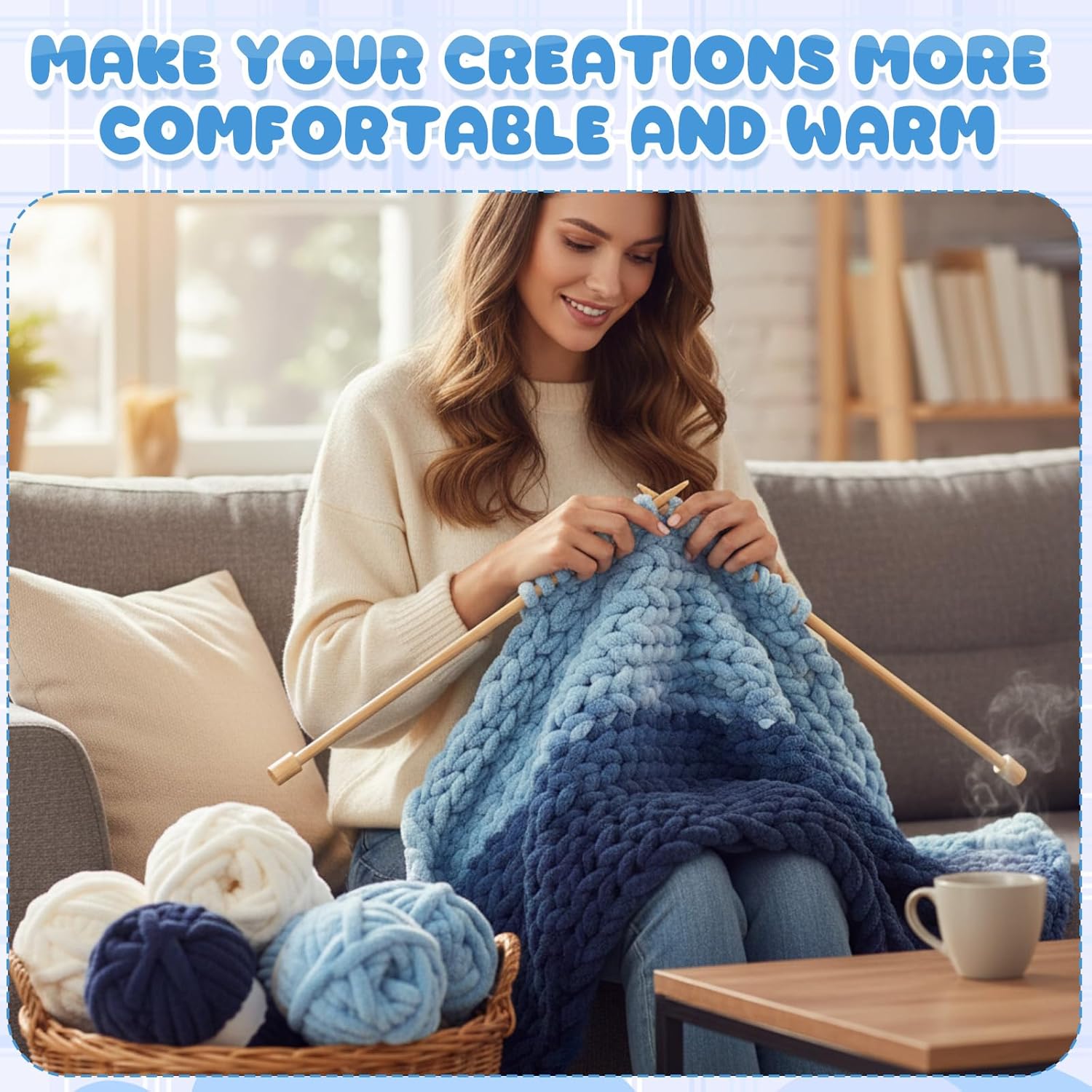 Buryeah 8 Pcs Jumbo Big Chunky Yarn for Hand Knitting Crocheting #10 Chenille Blanket Yarn 8.8 oz Bulky Soft Thick Fluffy Plush for Knitting Blanket DIY Crafts 28.5 Yards Each(Blue)