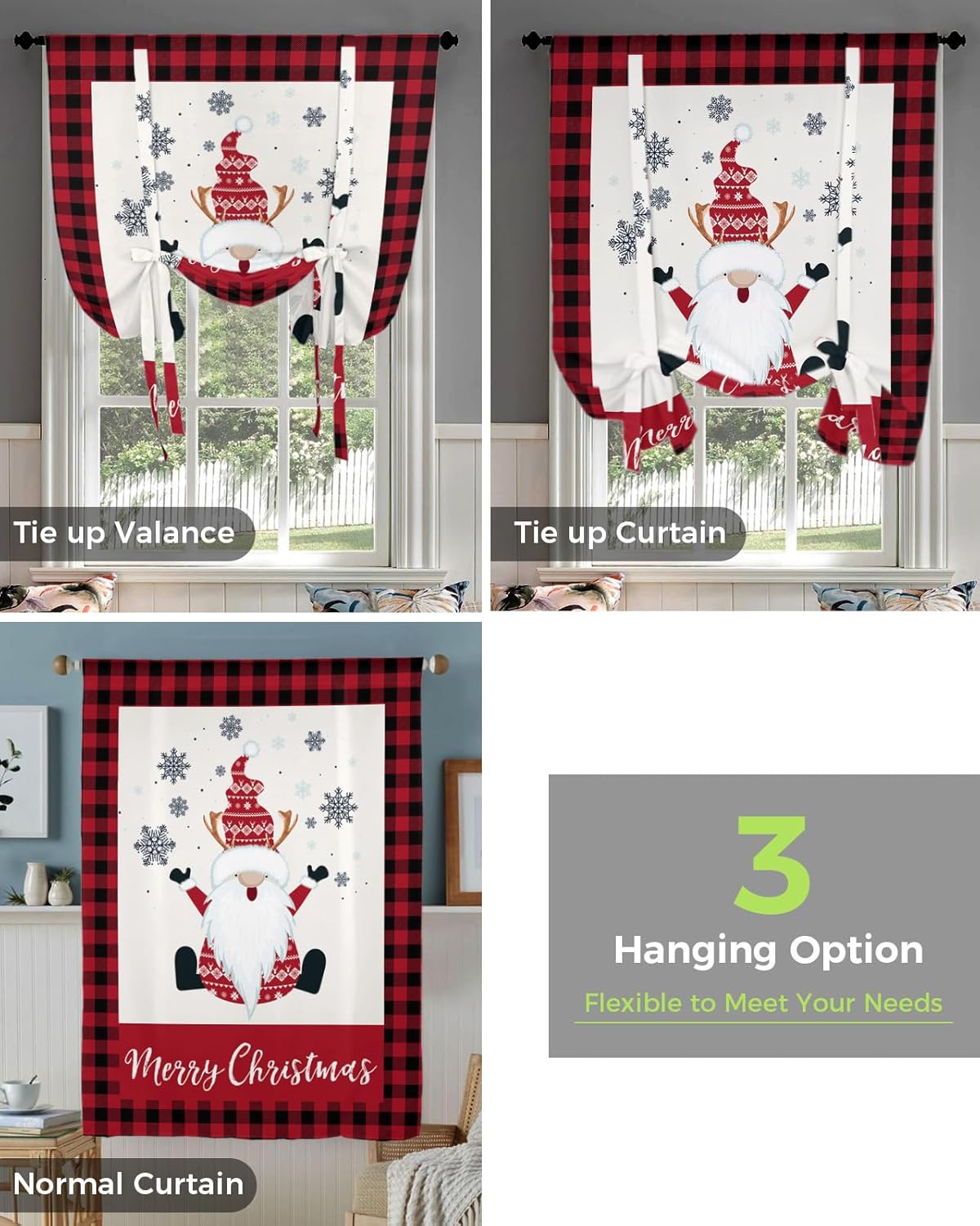 YOKOU Bow Look Tie Up Balloon Curtain, Merry Christmas Gnome Snowflake Buffalo Check Red Adjustable Rod Pocket Window Shades Drape for Living Room, Bedroom，Kitchen 1 pcs 52 x63 inch