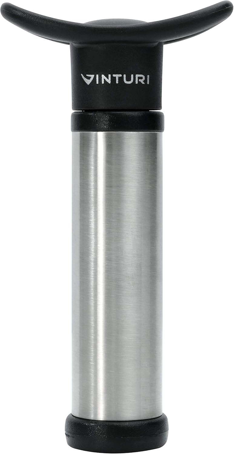 Vinturi Easily Removes Natural and Synthetic Corks Features a Traditional Lever Opener Pourer Pump and Stoppers Wine Accessories, 7-Piece, silver