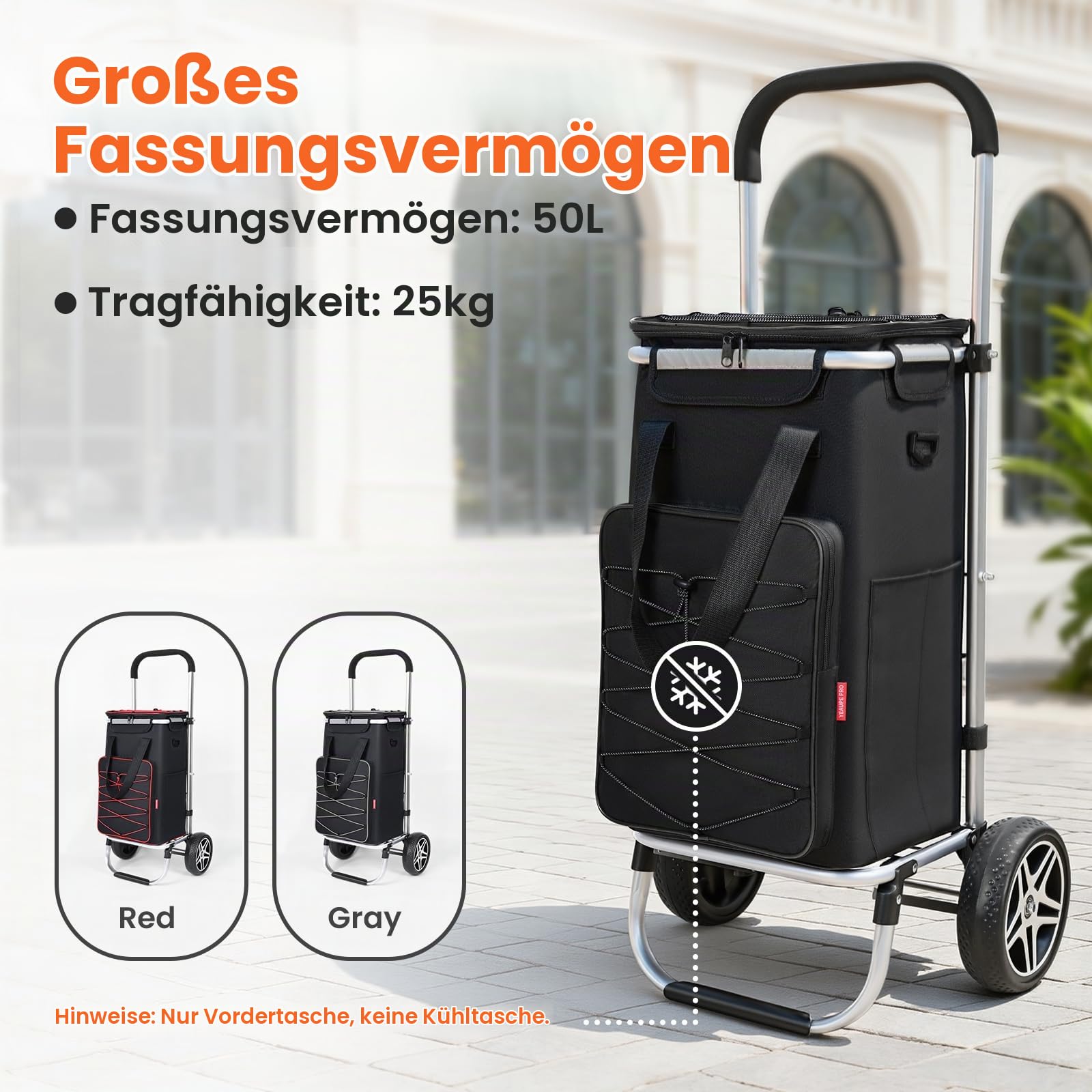 YEAUPE PRO Einkaufstrolley, Trolley groß mit Reflexstreifen 50L, 25kg, Matt-schwarz