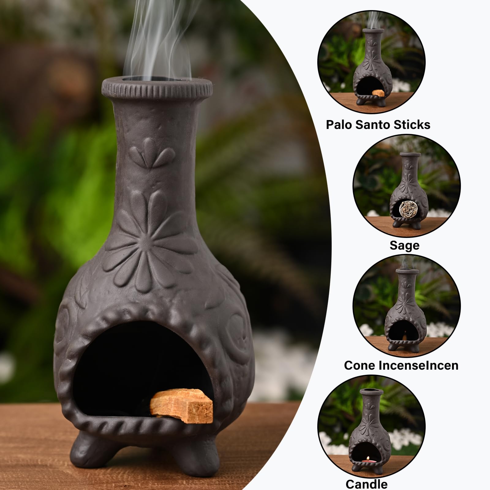 MOUGIGI Elegante soporte de palo santo negro hecho a mano, quemador de cono de incienso y palo con chimenea para salvia, aromaterapia, yoga, meditación y decoración del hogar, regalo único para amigos