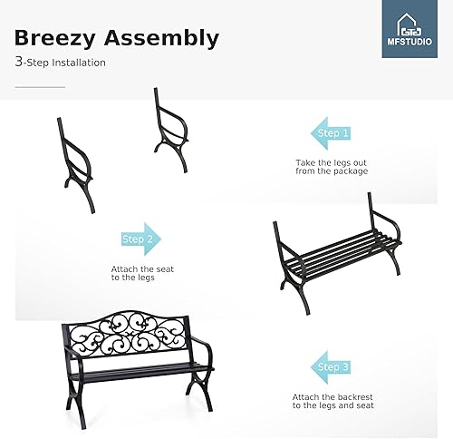 Miniatura 30 de MFSTUDIO Banco de jardín para exteriores de 50 pulgadas, banco de hierro fundido con marco de metal para patio con respaldo de patrón floral, patas